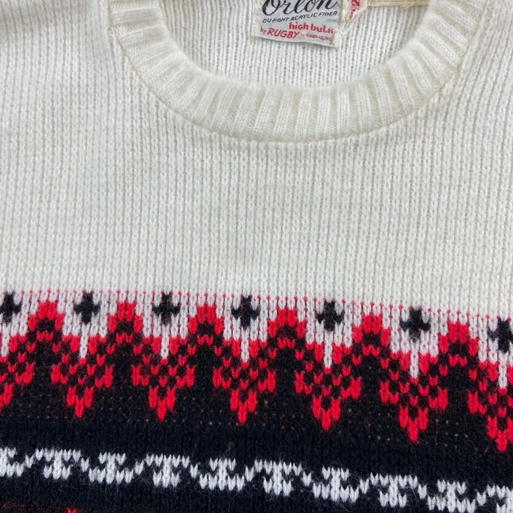 Vintage 60's Rugby Orlon Sweater Mens 42 White Red Black Fair Isle Crew Neck
